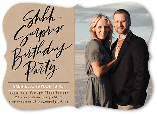 Surprise Party Birthday Invitation, Beige, 5x7 Flat, Pearl Shimmer Cardstock, Bracket