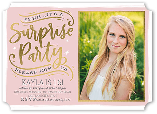 Secret Party Birthday Invitation, Pink, 5x7 Flat, Pearl Shimmer Cardstock, Ticket