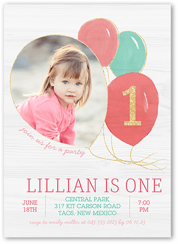 Balloon Bunch Girl Birthday Invitation, Pink, 5x7 Flat, Luxe Double-Thick Cardstock, Square