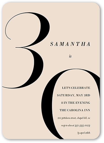 Modern Thirty Birthday Invitation, Beige, 5x7 Flat, Matte, Signature Smooth Cardstock, Rounded