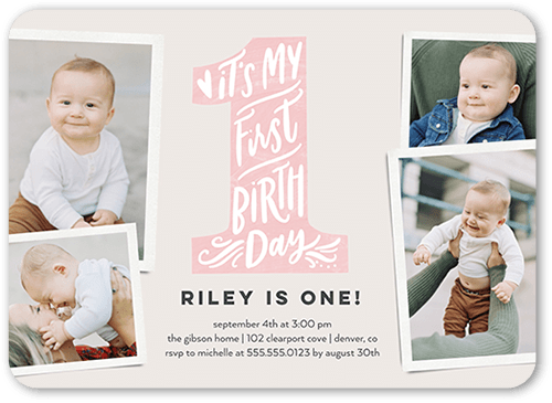 My First Birthday Birthday Invitation, Pink, 5x7 Flat, 100% Recycled Cardstock , Rounded