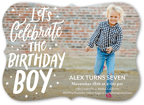 Celebrate Birthday Boy Birthday Invitation, White, 5x7 Flat, Pearl Shimmer Cardstock, Bracket