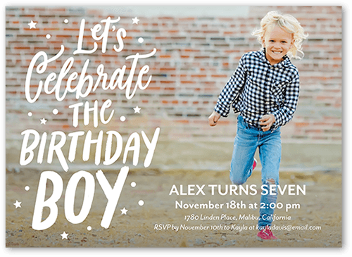 Celebrate Birthday Boy Birthday Invitation, White, 5x7 Flat, Pearl Shimmer Cardstock, Square