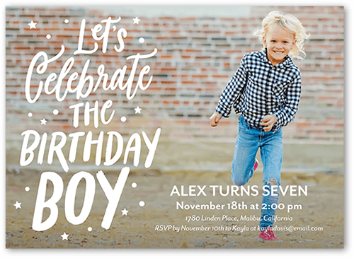 Celebrate Birthday Boy Birthday Invitation, White, 5x7 Flat, Matte, Signature Smooth Cardstock, Square