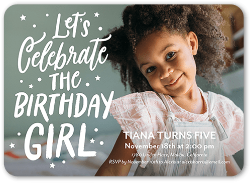 Celebrate Birthday Girl Birthday Invitation, White, 5x7 Flat, Pearl Shimmer Cardstock, Rounded