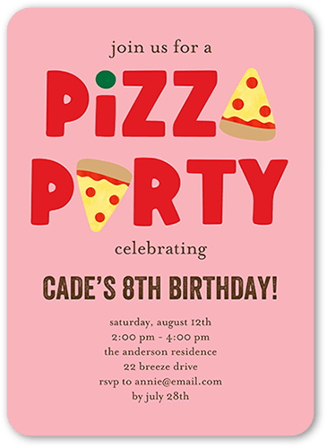 Pizza Surprise Birthday Invitation, Pink, 5x7 Flat, Pearl Shimmer Cardstock, Rounded