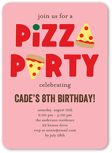 Pizza Surprise Birthday Invitation, Pink, 5x7 Flat, 100% Recycled Cardstock , Rounded, Ballet