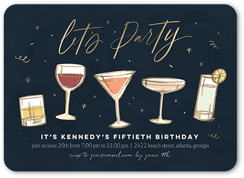 Classy Cocktails Birthday Invitation, Blue, 5x7 Flat, Pearl Shimmer Cardstock, Rounded, Navy
