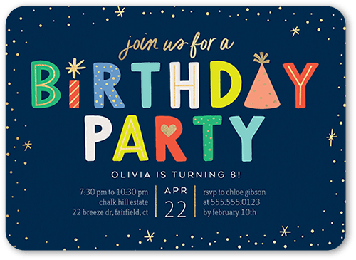 Candles And Caps Birthday Invitation, Blue, 5x7 Flat, Matte, Signature Smooth Cardstock, Rounded
