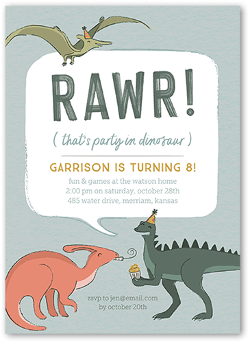 Dynomite Dinos Birthday Invitation, Green, 5x7 Flat, Matte, Signature Smooth Cardstock, Square