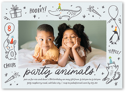 Animated Animals Birthday Invitation, Grey, 5x7 Flat, Pearl Shimmer Cardstock, Square, Air