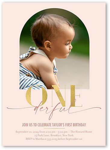 Onederful Arch Birthday Invitation, Pink, 5x7 Flat, Pearl Shimmer Cardstock, Square