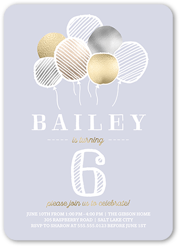 Blissful Balloons Birthday Invitation, Grey, 5x7 Flat, Matte, Signature Smooth Cardstock, Rounded, Dove Gray