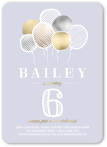 Blissful Balloons Birthday Invitation, Grey, 5x7 Flat, Pearl Shimmer Cardstock, Rounded