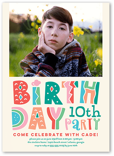 Dancing Letters Birthday Invitation, Pink, 5x7 Flat, Matte, Signature Smooth Cardstock, Square, Chenille