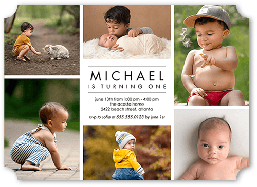 First Collage Birthday Invitation, White, 5x7 Flat, Pearl Shimmer Cardstock, Ticket