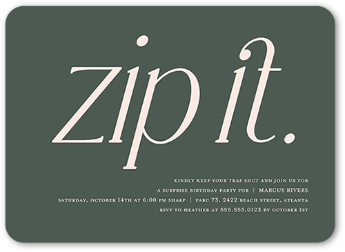 Zip It Birthday Invitation, Green, 5x7, Pearl Shimmer Cardstock, Rounded