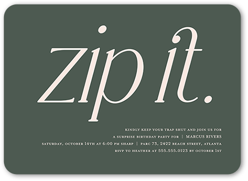 Zip It Birthday Invitation, Green, 5x7 Flat, Standard Smooth Cardstock, Rounded