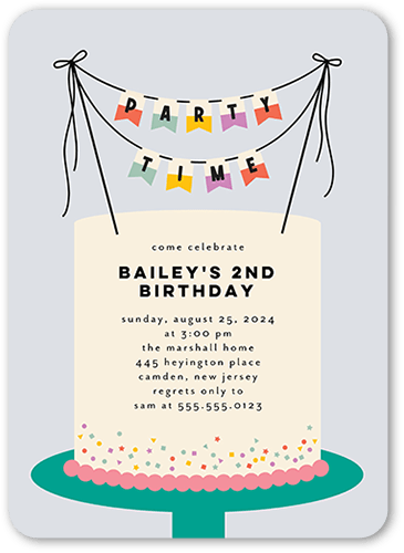 Cake Banner Birthday Invitation, Purple, 5x7 Flat, 100% Recycled Cardstock , Rounded, Silverberry