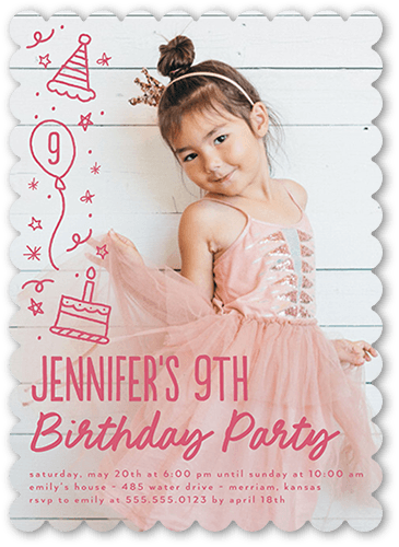 Cascading Cheer Birthday Invitation, Pink, 5x7 Flat, Matte, Signature Smooth Cardstock, Scallop