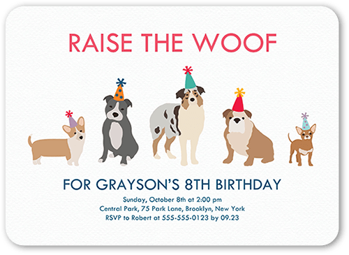 Raise The Woof Birthday Invitation, White, 5x7 Flat, Pearl Shimmer Cardstock, Rounded, White