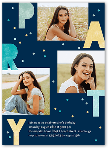 Speckled Letters Birthday Invitation, Blue, 5x7 Flat, 100% Recycled Cardstock , Square, Navy