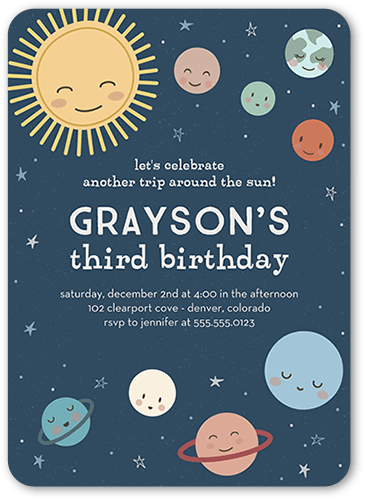 Planetary Perfection Birthday Invitation, Blue, 5x7 Flat, 100% Recycled Cardstock ?, Rounded