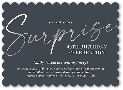 Spectacular Surprise Birthday Invitation, Grey, 5x7 Flat, Pearl Shimmer Cardstock, Scallop