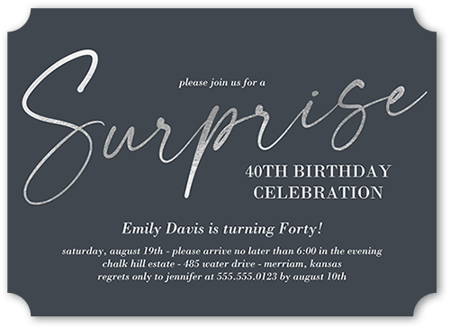Spectacular Surprise Birthday Invitation, Grey, 5x7 Flat, Pearl Shimmer Cardstock, Ticket