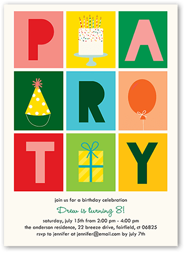 Party Grid Birthday Invitation, Beige, 5x7 Flat, Pearl Shimmer Cardstock, Square