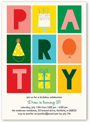 Party Grid Birthday Invitation, Beige, 5x7 Flat, Luxe Double-Thick Cardstock, Square