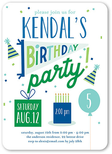 Essential Elements Birthday Invitation, Blue, 5x7 Flat, Standard Smooth Cardstock, Rounded