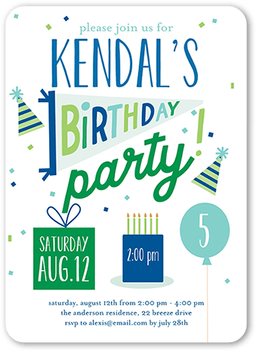 Essential Elements Birthday Invitation, Blue, 5x7 Flat, Pearl Shimmer Cardstock, Rounded