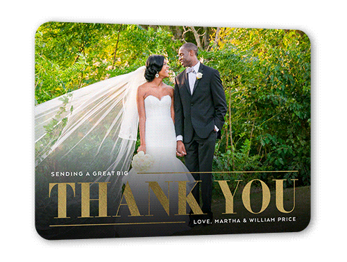 Big Bold Thanks Thank You Card, White, Gold Foil, 5x7 Flat, Pearl Shimmer Cardstock, Rounded