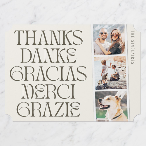 Multilingual Thank You Card, Beige, 5x7 Flat, Pearl Shimmer Cardstock, Ticket