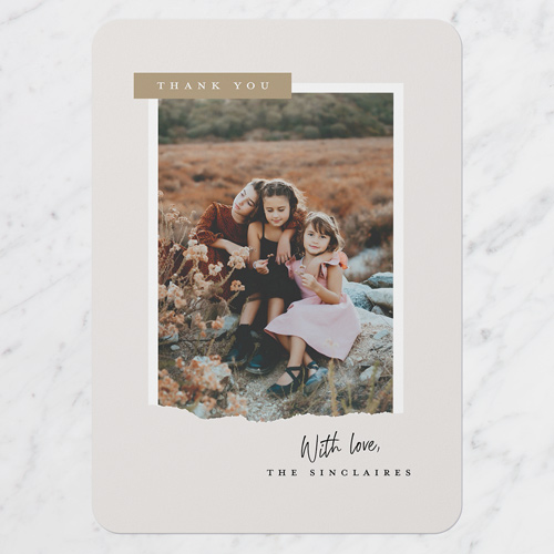 Ripped Frame Thank You Card, Grey, 5x7 Flat, Pearl Shimmer Cardstock, Rounded, Whisper Gray