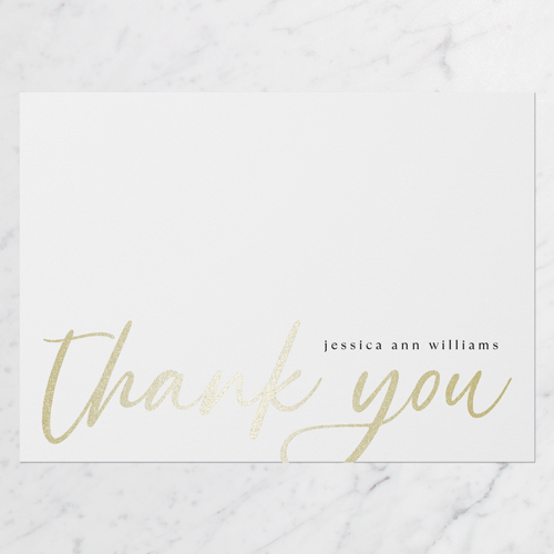 Stamp Script Thank You Card, White, Gold Foil, 5x7 Flat, Pearl Shimmer Cardstock, Square, White