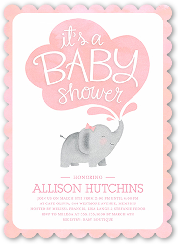 Little Elephant Girl Baby Shower Invitation, Pink, Pearl Shimmer Cardstock, Scallop