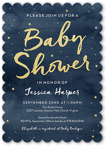Starry Watercolor Baby Shower Invitation, Blue, Pearl Shimmer Cardstock, Scallop