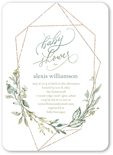 Geometric Floral Frame Baby Shower Invitation, Green, 5x7 Flat, Pearl Shimmer Cardstock, Rounded