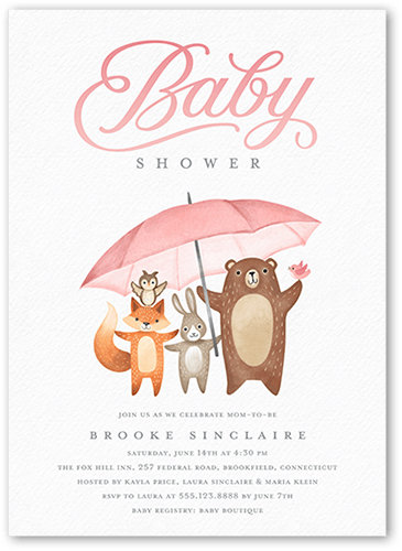 Umbrella Friends Baby Shower Invitation, Pink, 5x7 Flat, Pearl Shimmer Cardstock, Square