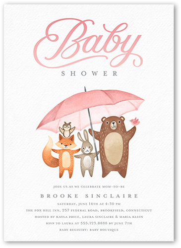 Umbrella Friends Baby Shower Invitation, Pink, 5x7 Flat, Standard Smooth Cardstock, Square