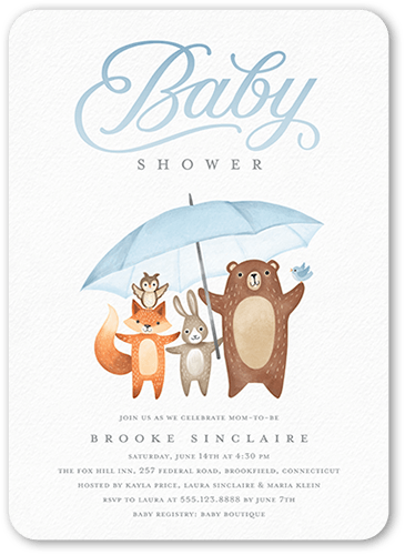 Umbrella Friends Baby Shower Invitation, Blue, 5x7 Flat, 100% Recycled Cardstock , Rounded