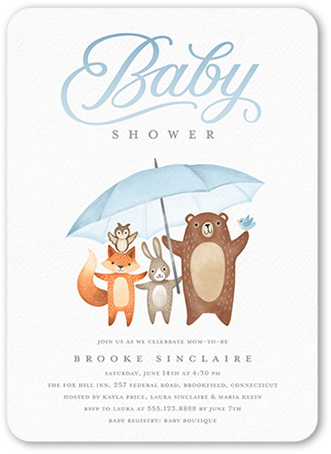 Umbrella Friends Baby Shower Invitation, Blue, 5x7 Flat, Standard Smooth Cardstock, Rounded