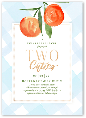 Two Cuties Baby Shower Invitation, Blue, 5x7 Flat, Matte, Signature Smooth Cardstock, Square