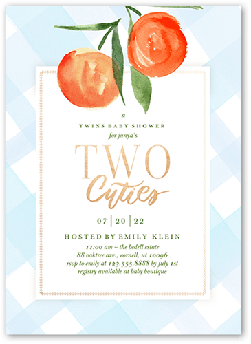 Two Cuties Baby Shower Invitation, Blue, 5x7 Flat, Standard Smooth Cardstock, Square