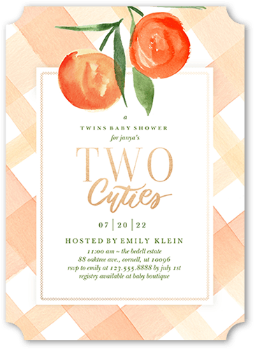 Two Cuties Baby Shower Invitation, Orange, 5x7 Flat, Pearl Shimmer Cardstock, Ticket