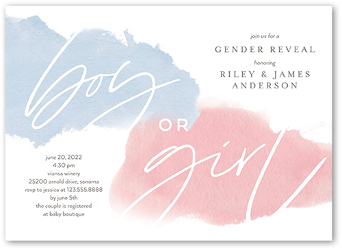 Watercolor Reveal Baby Shower Invitation, White, 5x7 Flat, Luxe Double-Thick Cardstock, Square, White