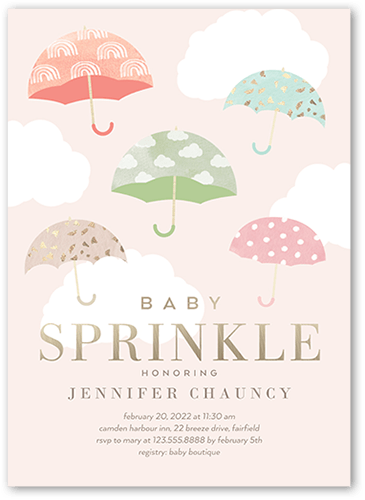 Drifting Umbrellas Baby Shower Invitation, Pink, 5x7 Flat, Pearl Shimmer Cardstock, Square