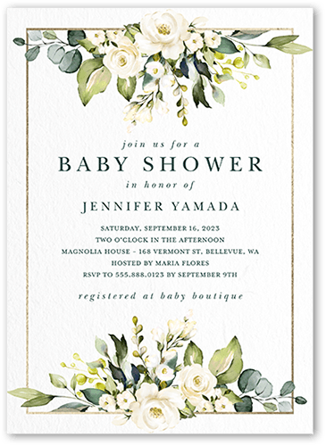 Delicate Floral Frame Baby Shower Invitation, Green, 5x7 Flat, Standard Smooth Cardstock, Square